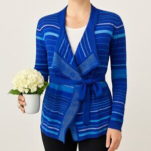 Tommy Hilfiger Womens M Blue Striped Cardigan Sweater Belted Open Front Layering